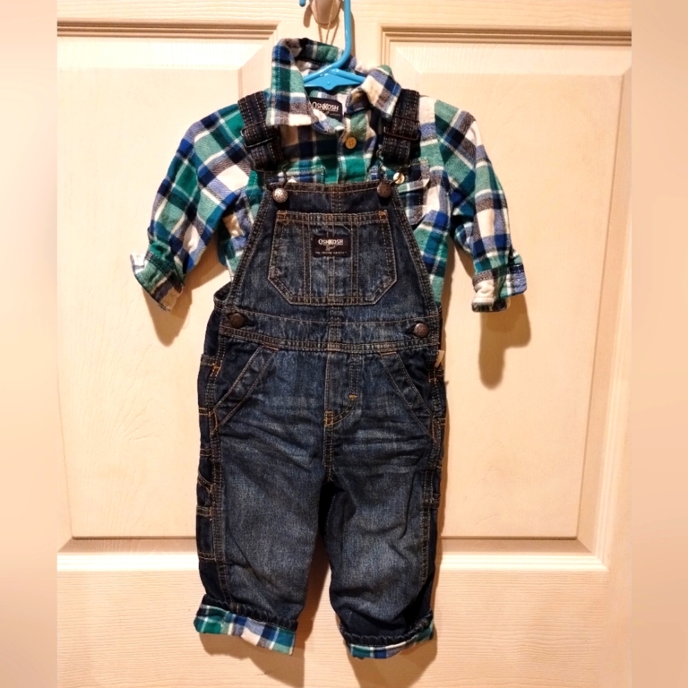 OshKosh B'gosh 2 piece flannel plaid lined overalls green & blue